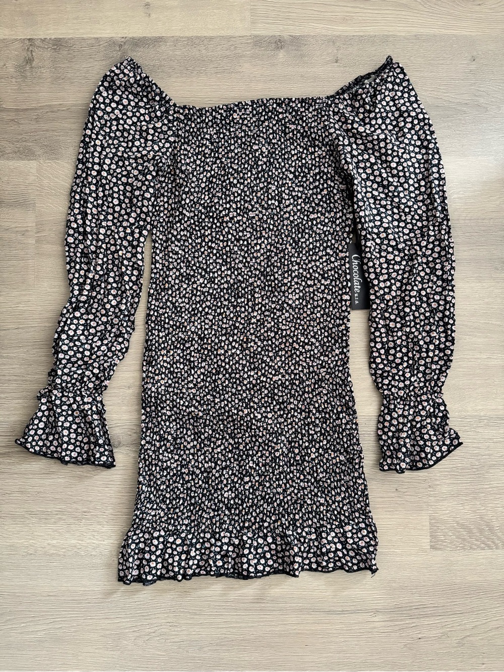 Chocolate Black One-Shoulder Smocked Mini Dress with Pink Floral Print